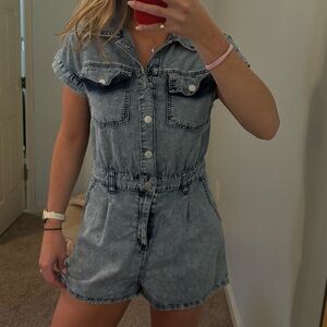 Light Wash Denim Romper - Short Sleeve Button Front